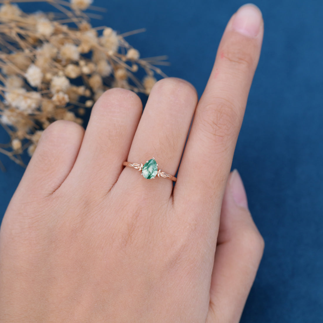 Pear Cut Natural Green Moss Agate Cluster Engagement Ring