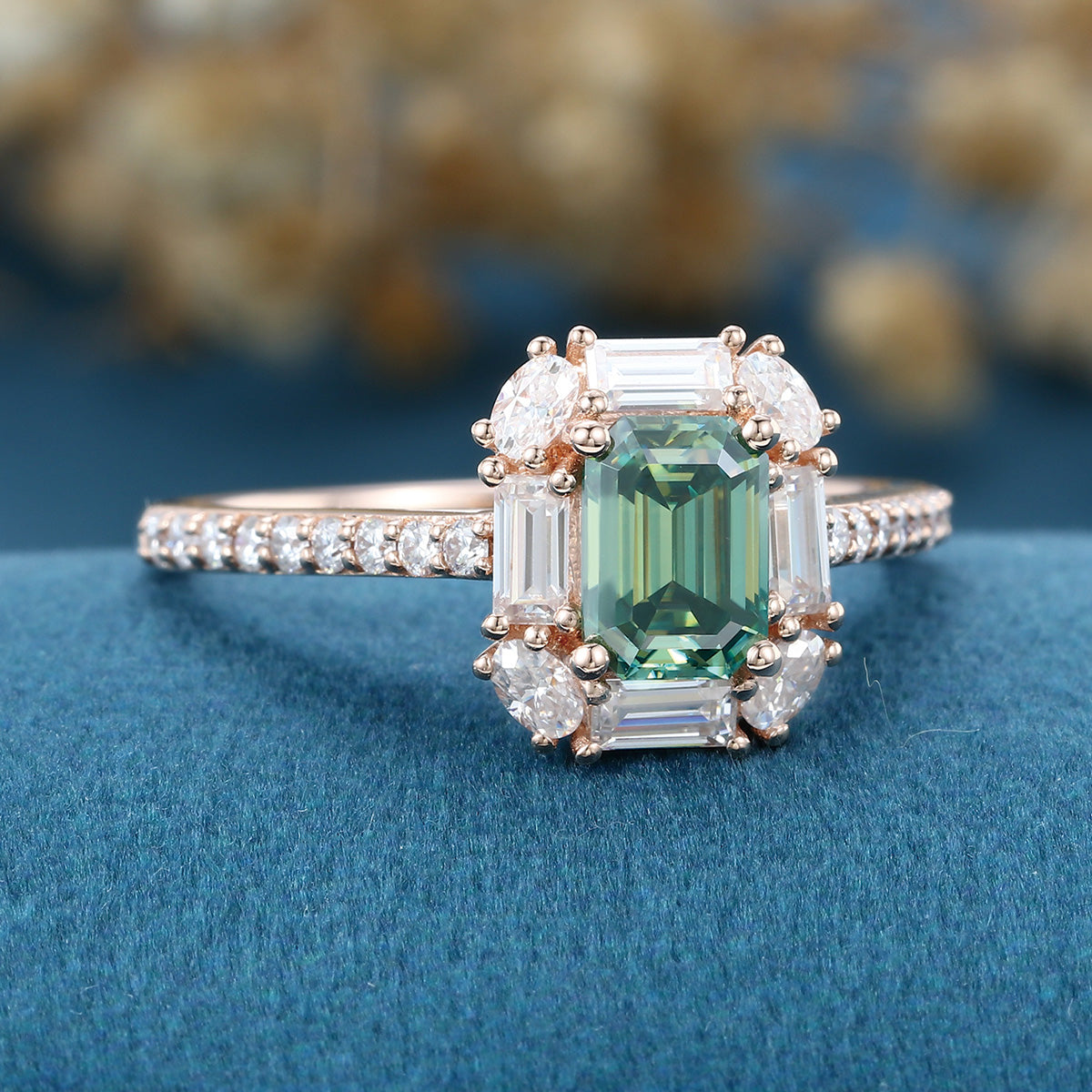 Emerald Cut Green Moissanite Rose Gold Halo Ring Half Eternity Moissanite Engagement Ring