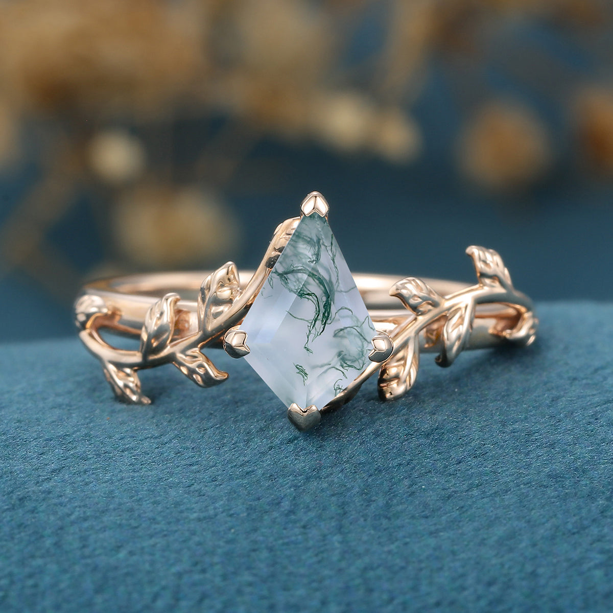 Kite Cut Natural Green Moss Agate Cluster Engagement Ring 