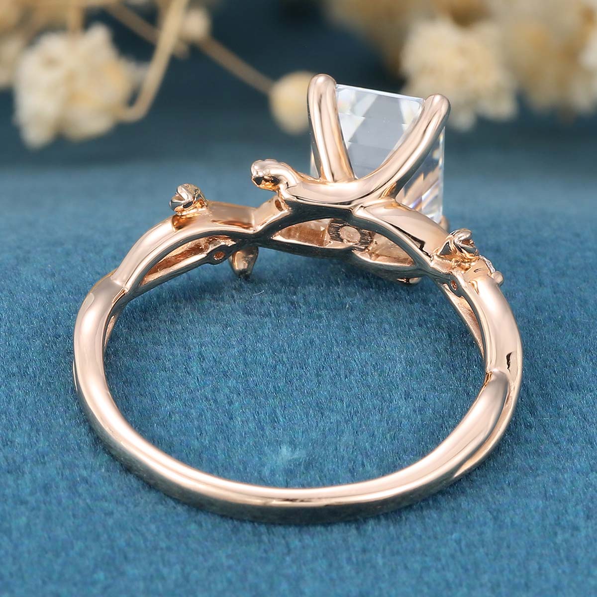 Nature Inspired Emerald cut Moissanite Leaf Gold ring set