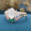 Hexagon cut Moissanite Matching Diamonds | Lab Grown Emerald |  Natural Pink Sapphires  Rose Gold Wedding Bridal Set