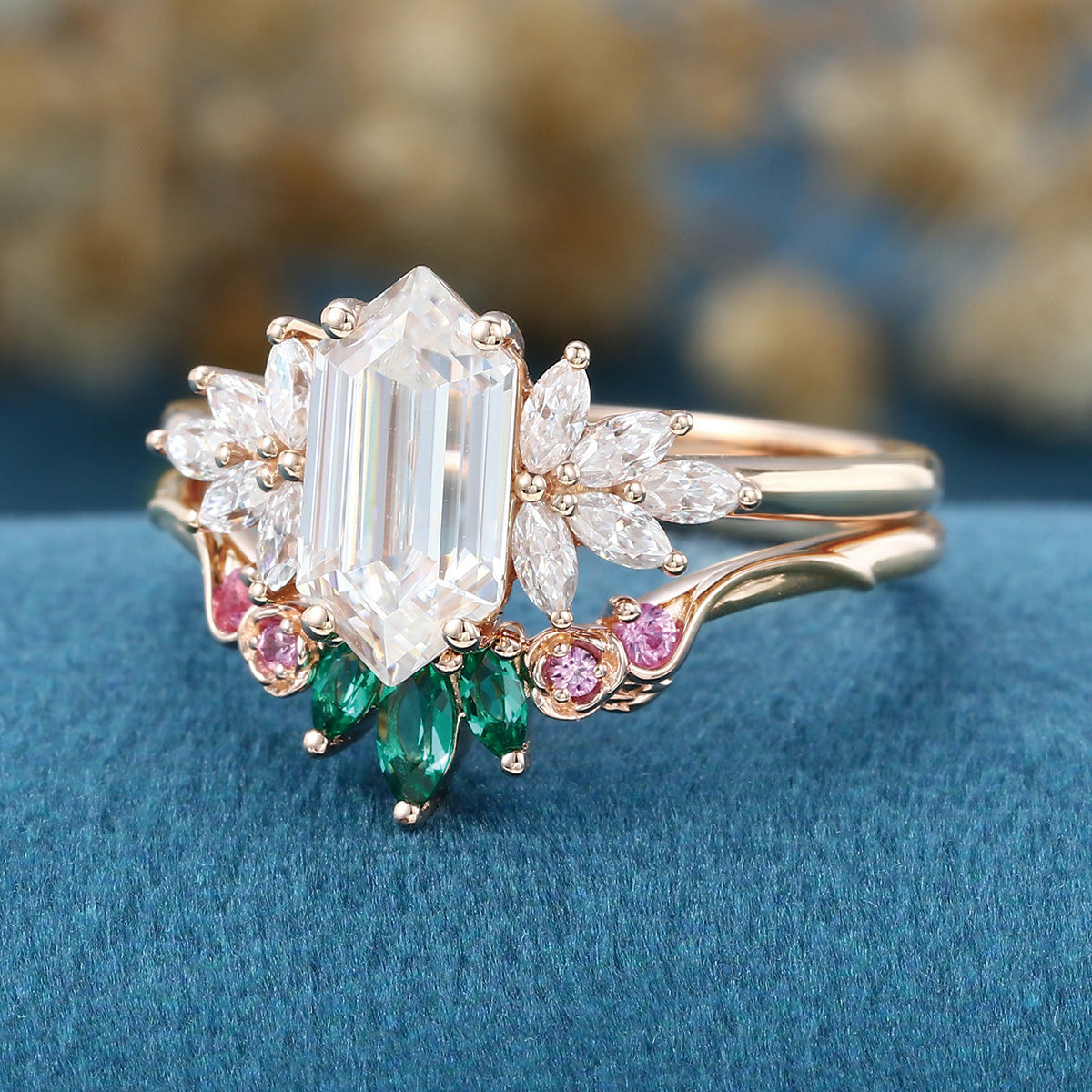 Hexagon cut Moissanite Matching Diamonds | Lab Grown Emerald |  Natural Pink Sapphires  Rose Gold Wedding Bridal Set