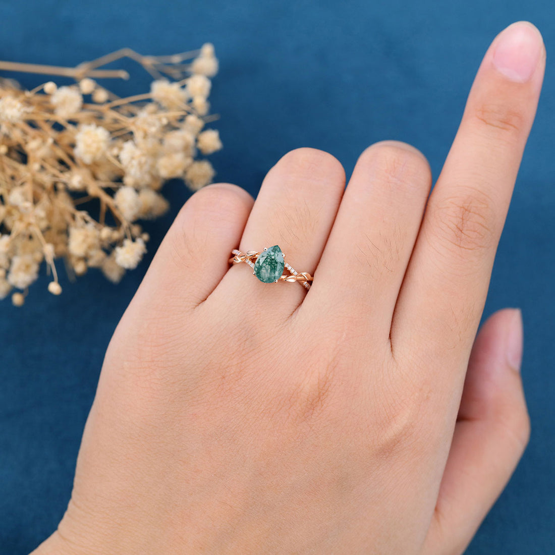 Nature Inspired Pear cut Moss Agate Leaf Gold Engagement Ring