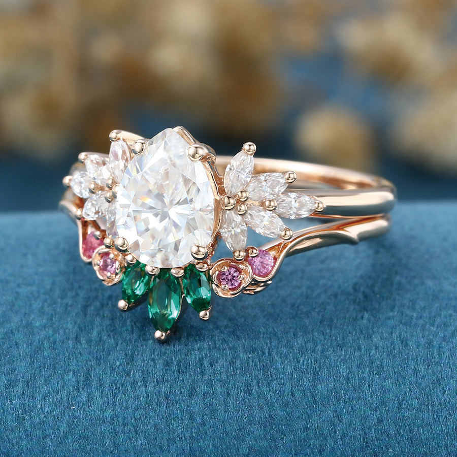 Oval cut Moissanite Matching Diamonds | Lab Grown Emerald |  Natural Pink Sapphires  Rose Gold Wedding Bridal Set