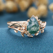 1.2Carat Pear Cut Moss Agate Cluster Engagement ring Bridal Set