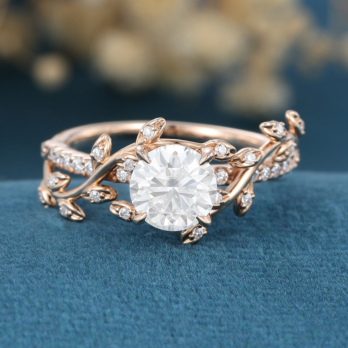 Nature Inspired Round cut Moissanite Leaf Gold Engagement Ring