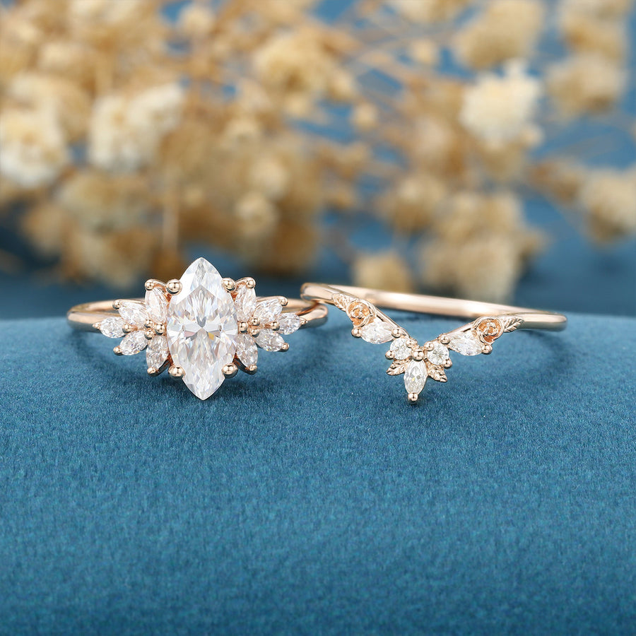 1.0Carat Marquise cut Moissanite Engagement Ring Cluster diamonds Rose Gold Wedding Bridal Set