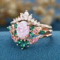 Oval cut Lab Pink Opal Rose Gold Matching Moissanite | Lab Grown Emerald |  Natural Pink Sapphires  Rose Gold Wedding Bridal Set