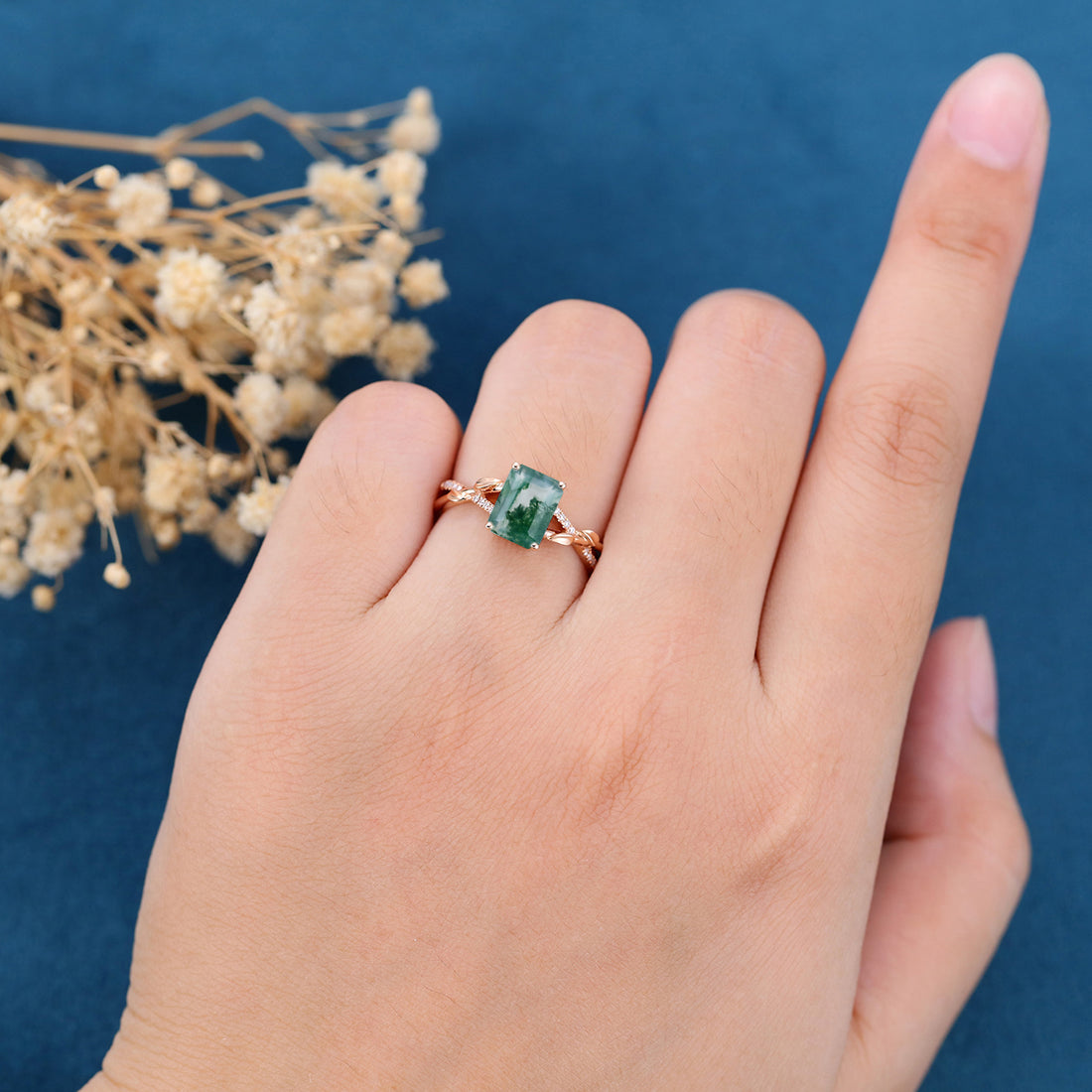 Nature Inspired Emerald cut Moss Agate Leaf Gold Engagement Ring