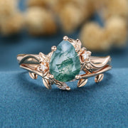 1.2Carat Pear Cut Moss Agate Cluster Engagement ring Bridal Set