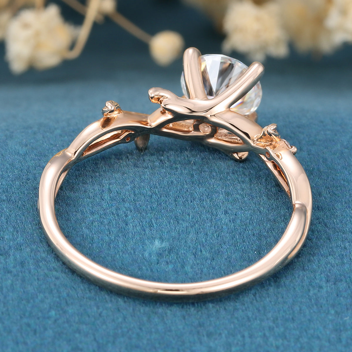 Nature Inspired Round cut Moissanite Leaf Gold Engagement Ring