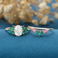 Oval cut Moissanite Matching Diamonds | Lab Grown Emerald |  Natural Pink Sapphires  Rose Gold Wedding Bridal Set