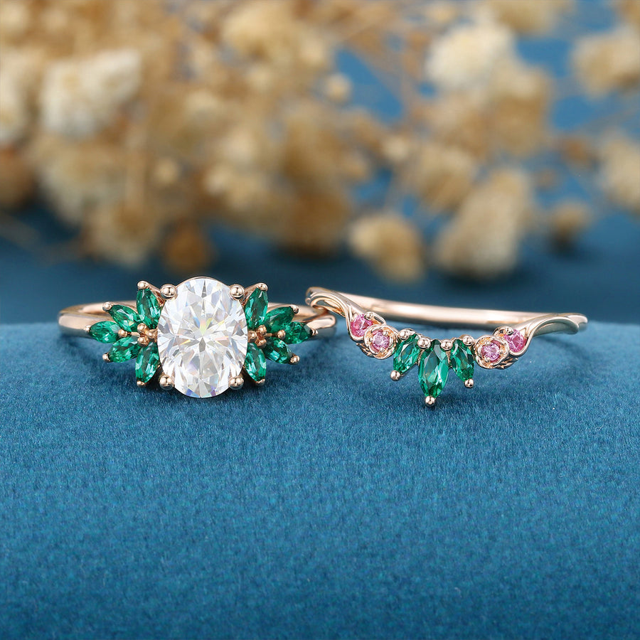 Oval cut Moissanite Matching Diamonds | Lab Grown Emerald |  Natural Pink Sapphires  Rose Gold Wedding Bridal Set