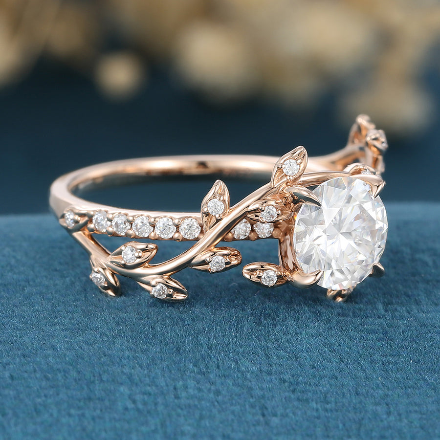 Nature Inspired Round cut Moissanite Leaf Gold Engagement Ring