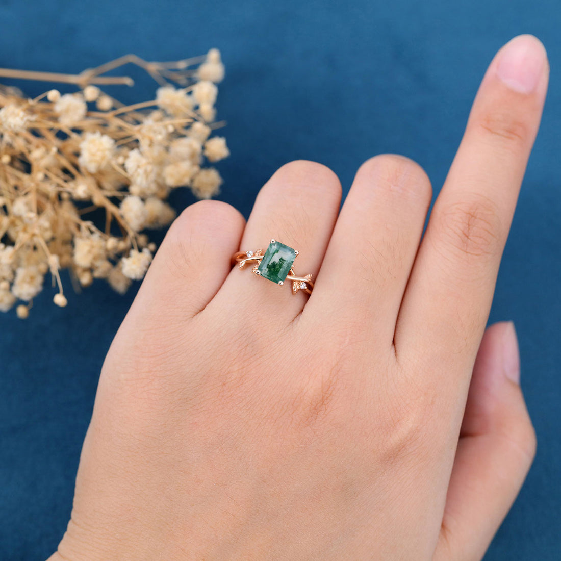 Nature Inspired Emerald cut Moss Agate Leaf Gold Engagement Ring