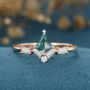 Kite Cut Natural Green Moss Agate Cluster Engagement Ring 