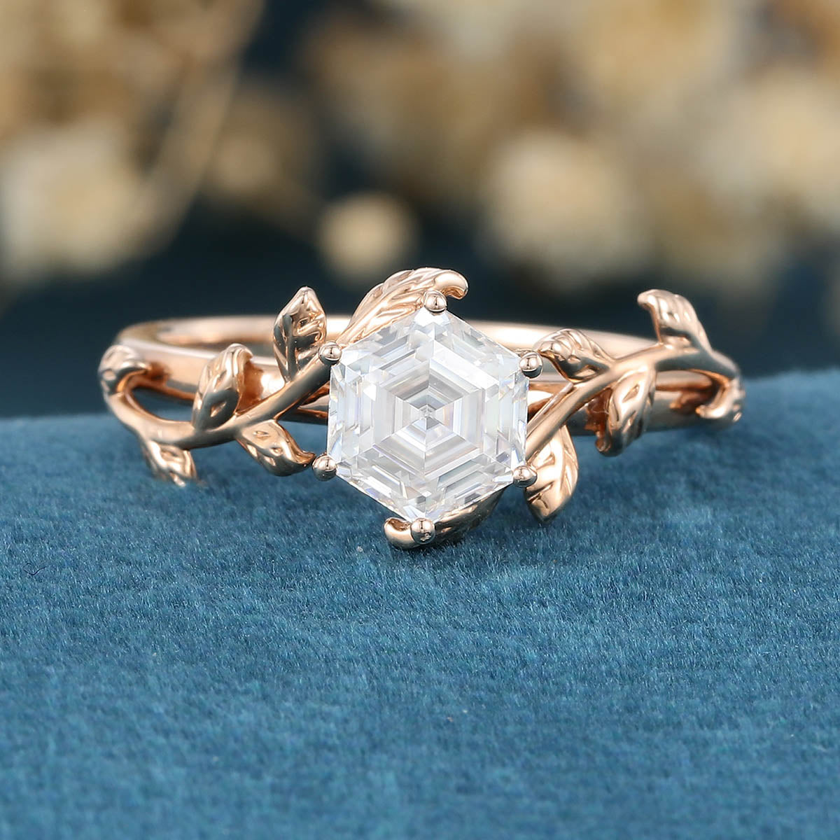 Nature Inspired Hexagon cut Moissanite Leaf Gold Engagement Ring