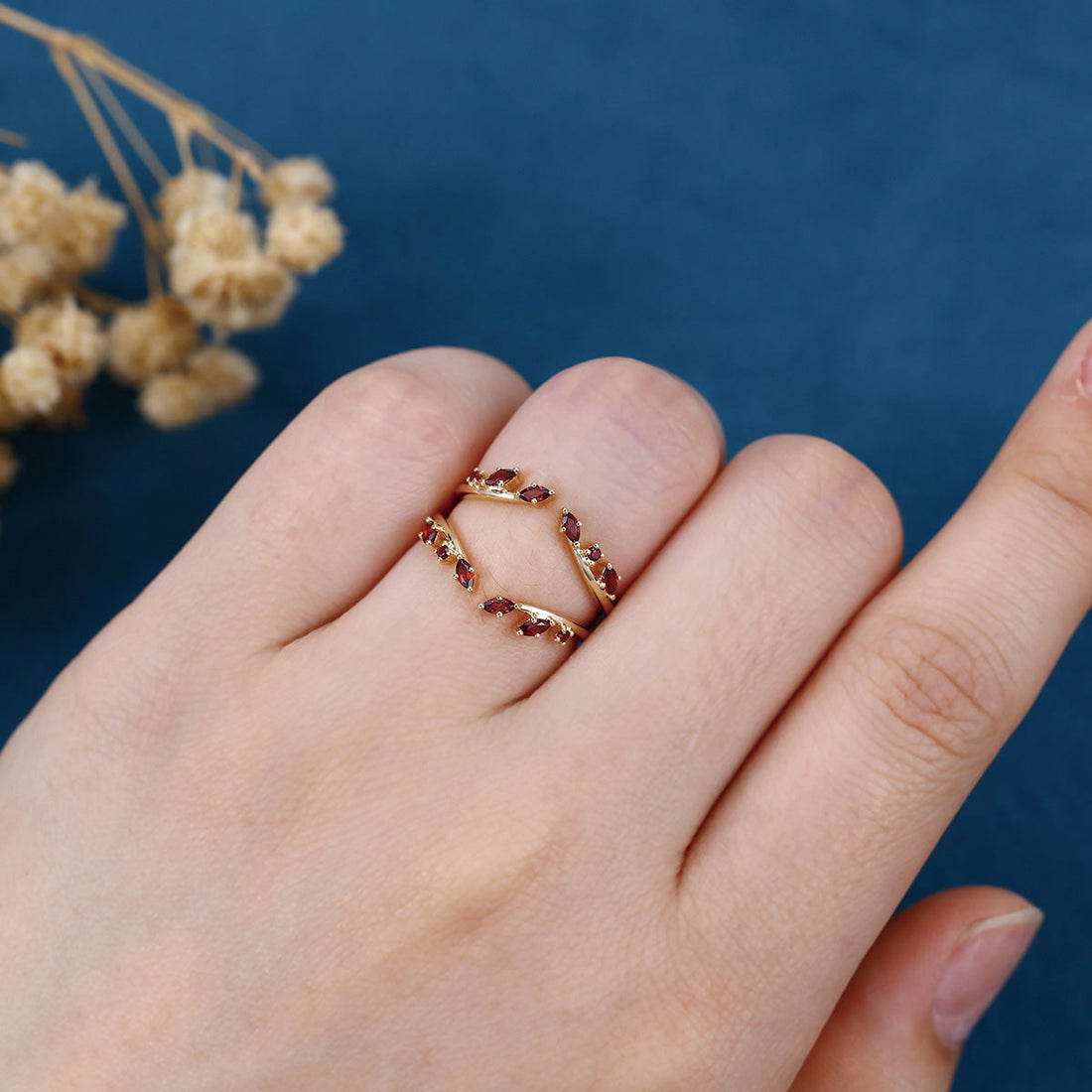 Nature Inspired Garnet Double Curved Wedding Band