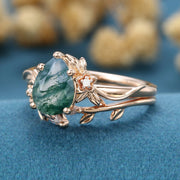 1.2Carat Pear Cut Moss Agate Cluster Engagement ring Bridal Set