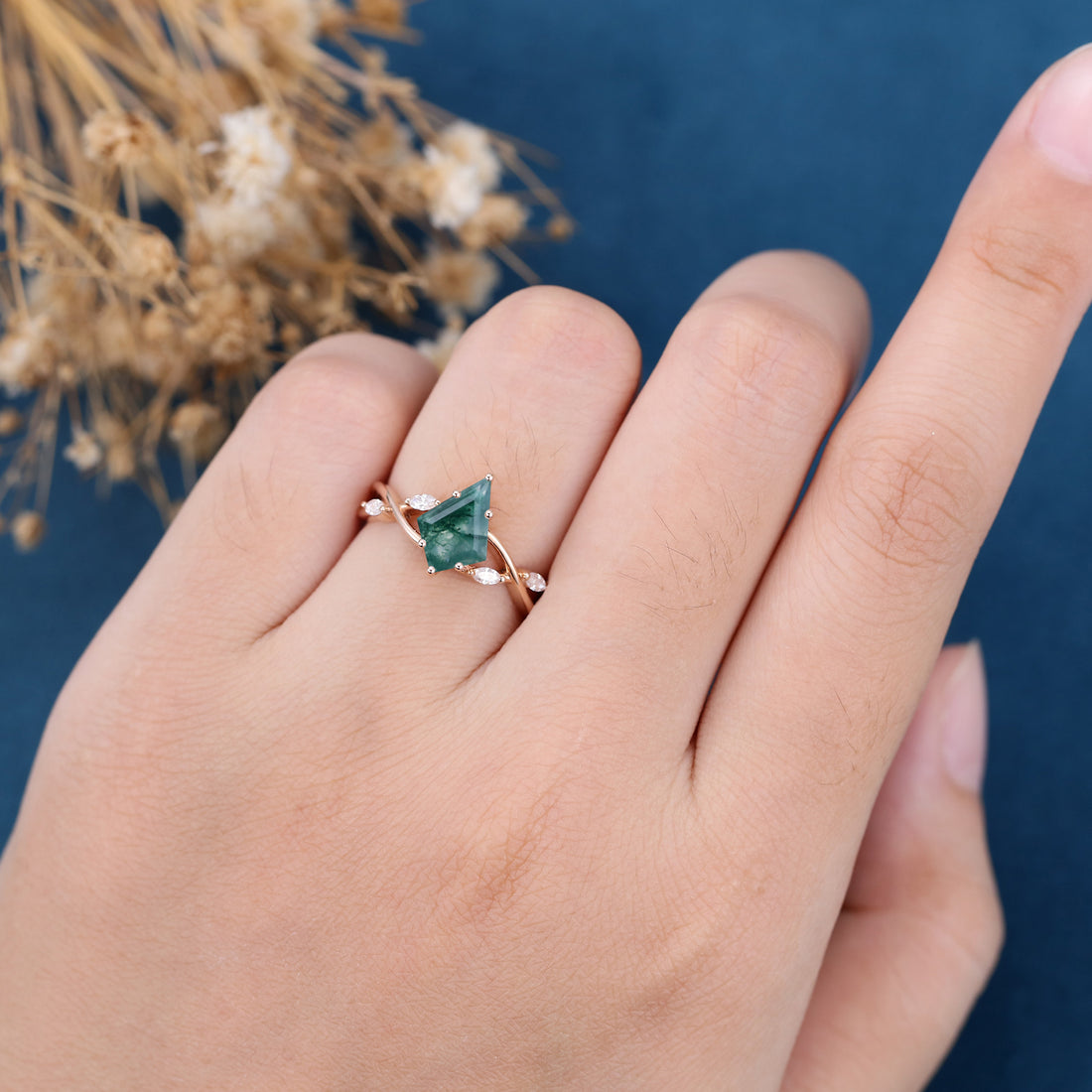 Kite Cut Natural Green Moss Agate Cluster Engagement Ring