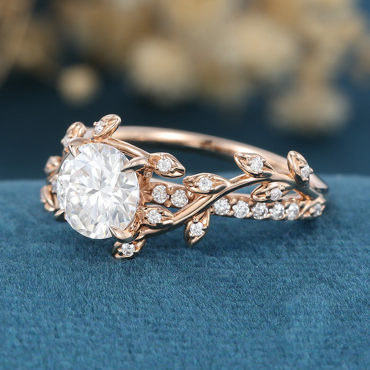 Nature Inspired Round cut Moissanite Leaf Gold Engagement Ring