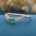 Marquise cut Lab emeralds |  Natural pink sapphire Curved Wedding Band Ring