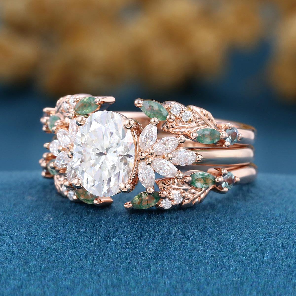 Oval cut Lab Grown Diamond + Moss agate Wedding bridal set
