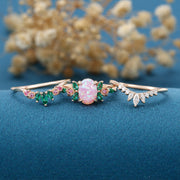 Oval cut Lab Pink Opal Rose Gold Matching Moissanite | Lab Grown Emerald |  Natural Pink Sapphires  Rose Gold Wedding Bridal Set