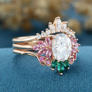 Oval cut Moissanite Matching Diamonds | Lab Grown Emerald |  Natural Pink Sapphires  Rose Gold Wedding Bridal Set