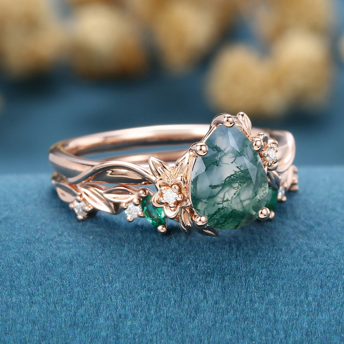 1.2Carat Pear Cut Moss Agate Cluster Engagement ring Bridal Set (Copy)