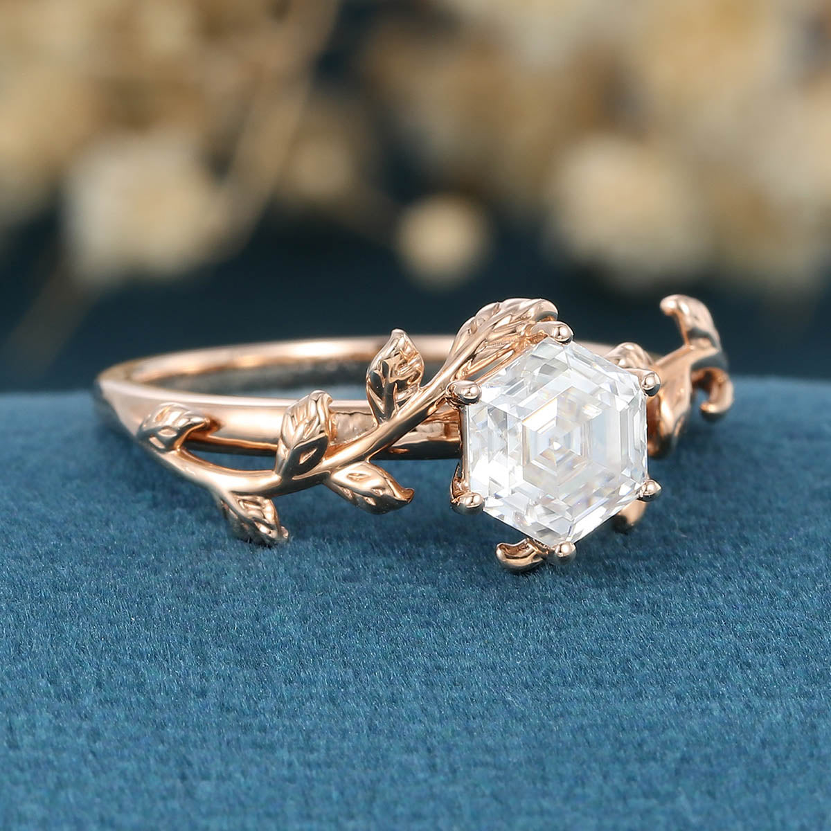 Nature Inspired Hexagon cut Moissanite Leaf Gold Engagement Ring