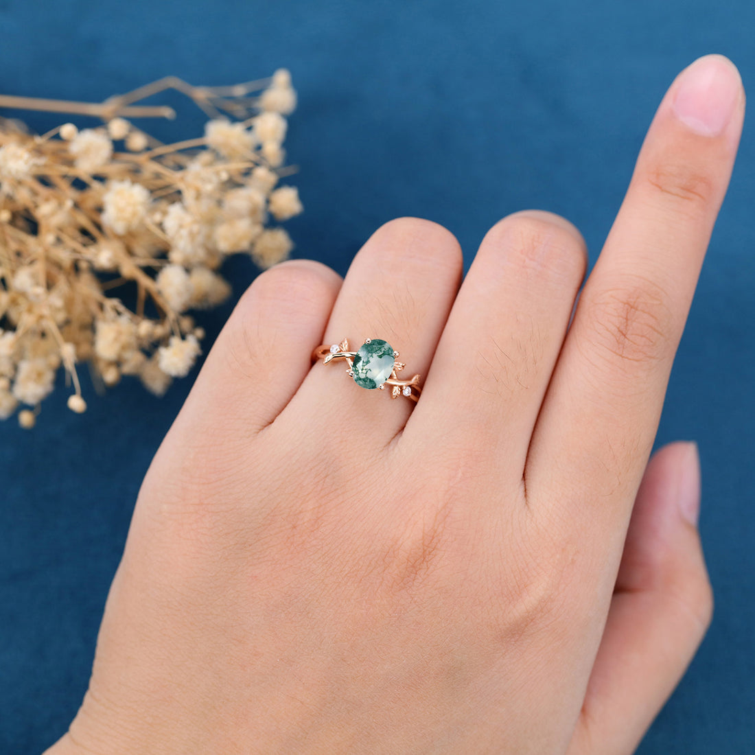 Nature Inspired Oval cut Moss Agate Leaf Gold Engagement Ring