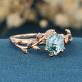 Nature Inspired Hexagon cut Moss Agate Leaf Gold Engagement Ring