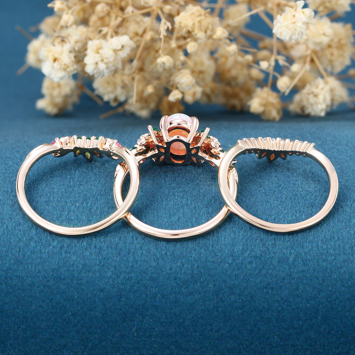 Oval cut Lab Pink Opal Rose Gold Matching Moissanite | Lab Grown Emerald |  Natural Pink Sapphires  Rose Gold Wedding Bridal Set