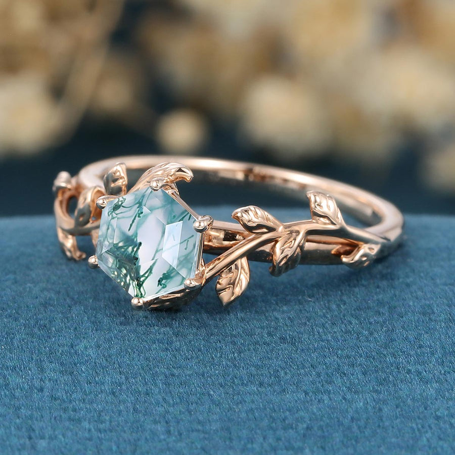 Nature Inspired Hexagon cut Moss Agate Leaf Gold Engagement Ring