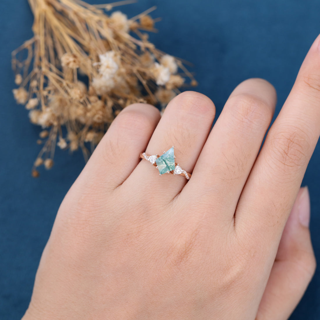 Kite Cut Natural Green Moss Agate Cluster Engagement Ring