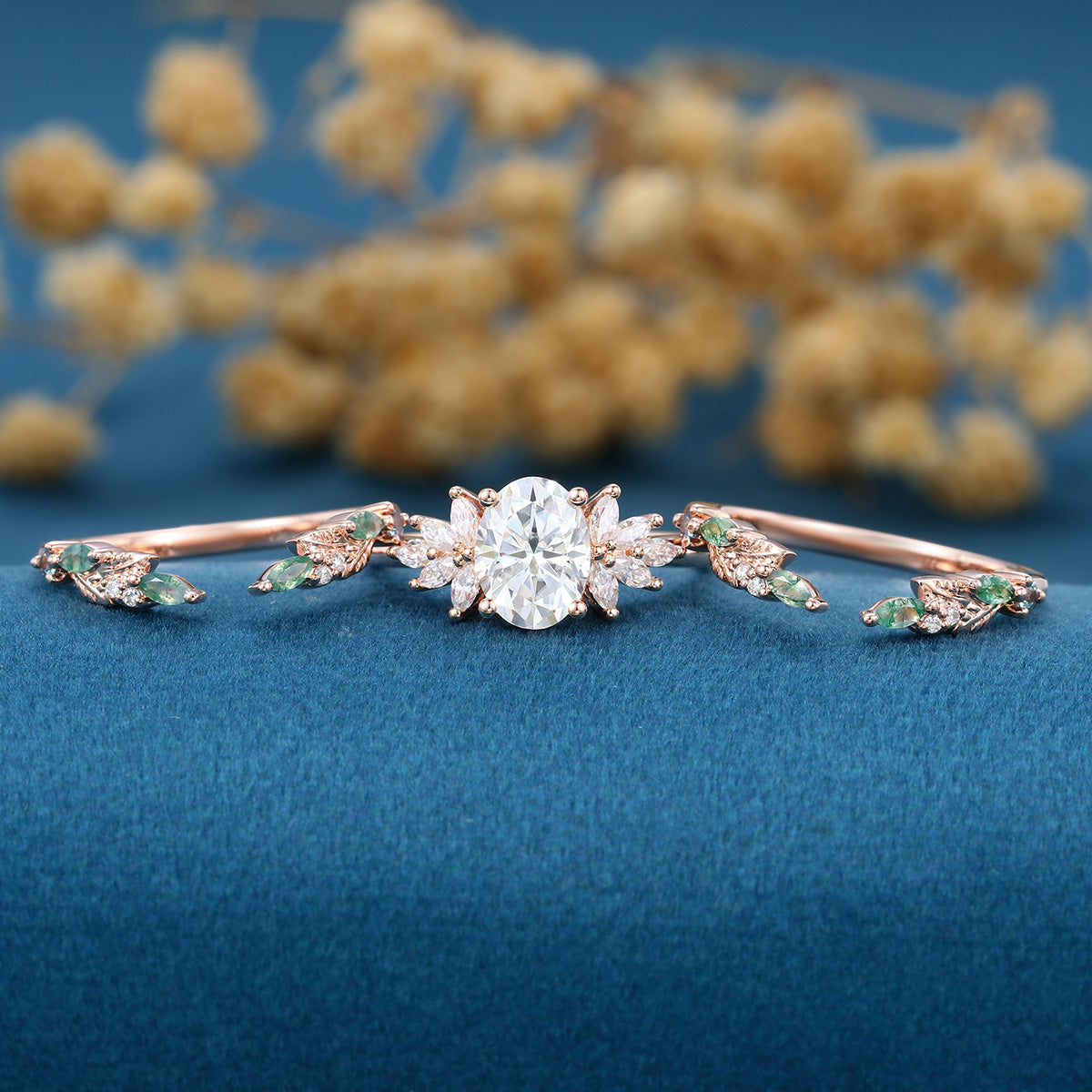 Oval cut Lab Grown Diamond + Moss agate Wedding bridal set