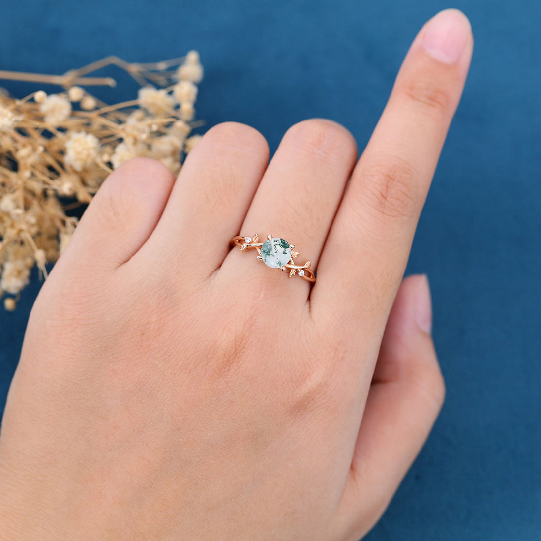 Nature Inspired Round cut Moss Agate Leaf Gold Engagement Ring