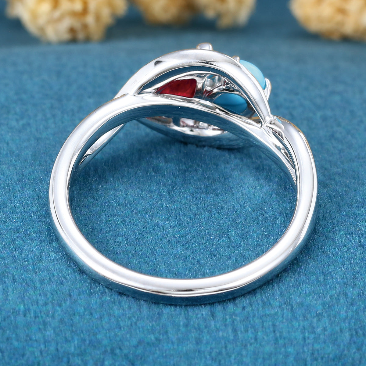 Pear cut Turquoise | Lab grown Ruby Two-Stone White Gold Engagement Ring