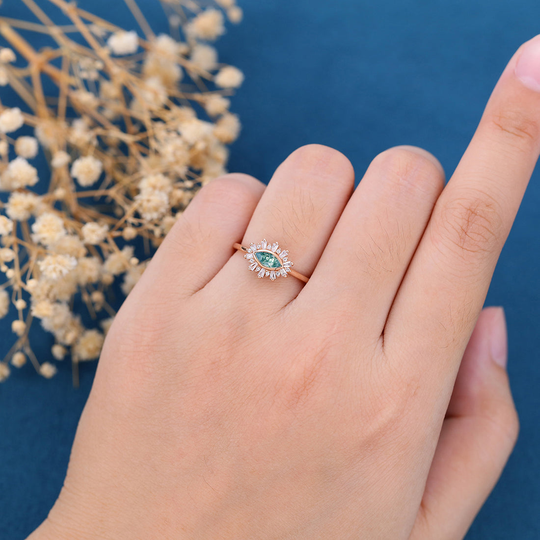 Bezel setting Marquise cut Moss Agate Halo Moissanite | Diamond Gold Engagement Ring