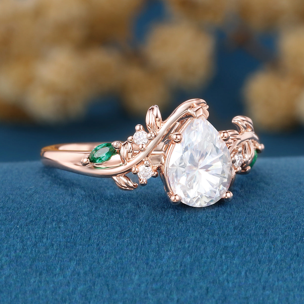 Nature Inspired Pear cut Moissanite + Lab Emerald Engagement Ring