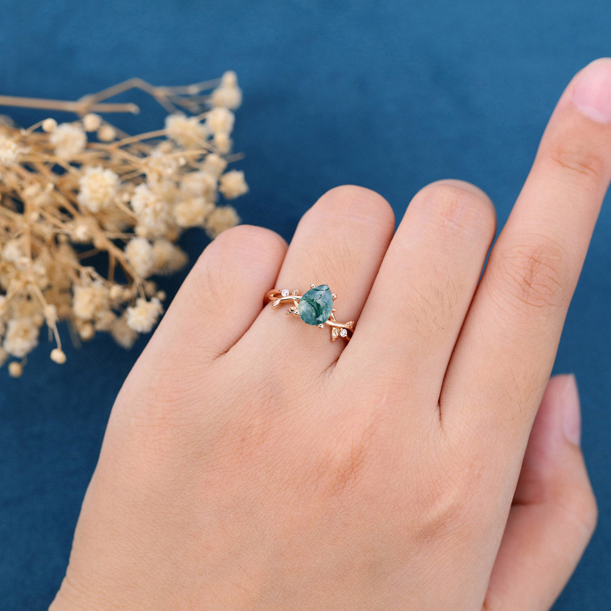 Nature Inspired Pear cut Moss Agate Leaf Gold Engagement Ring