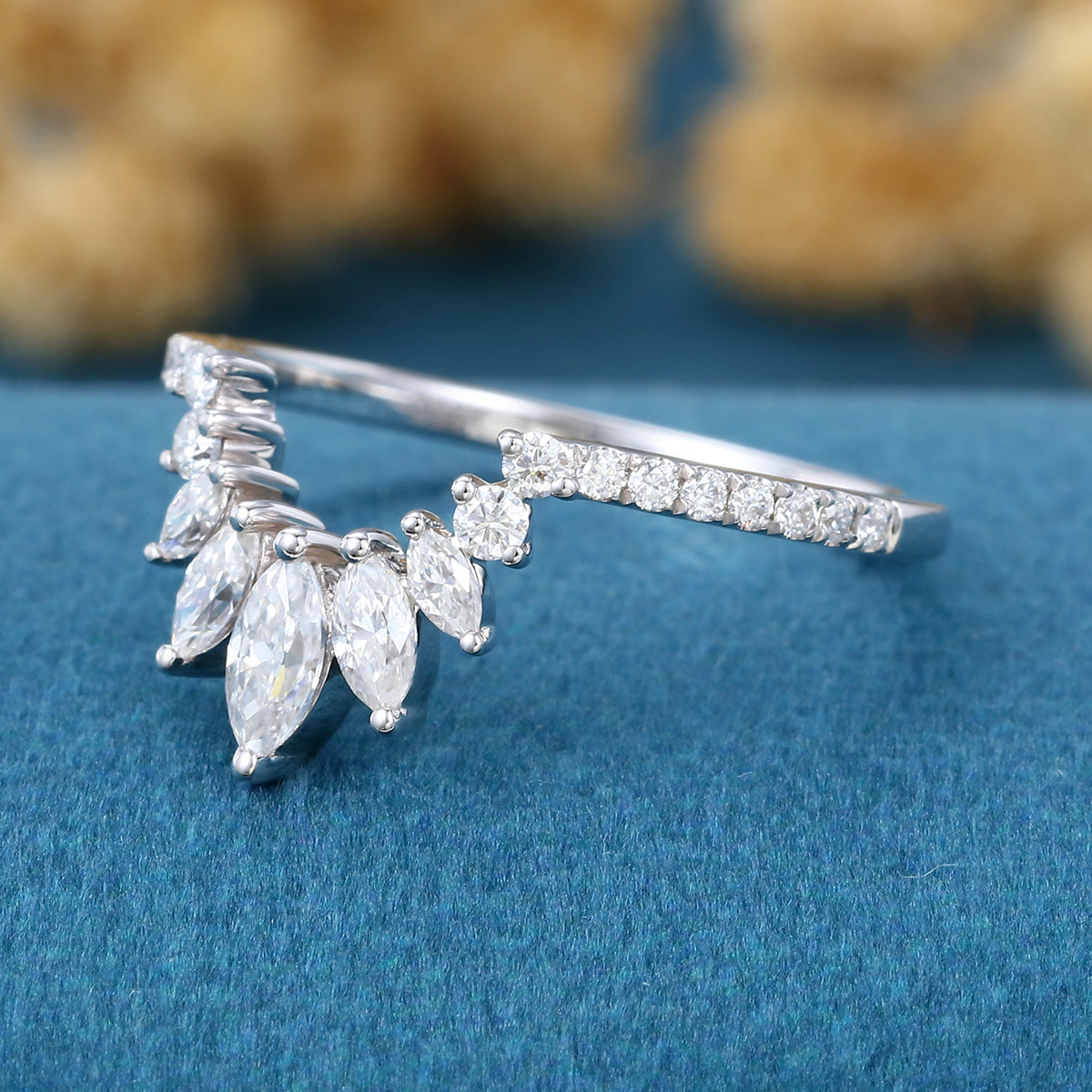 Marquise cut Moissanite  Half Eternity Diamonds Curved Wedding Band