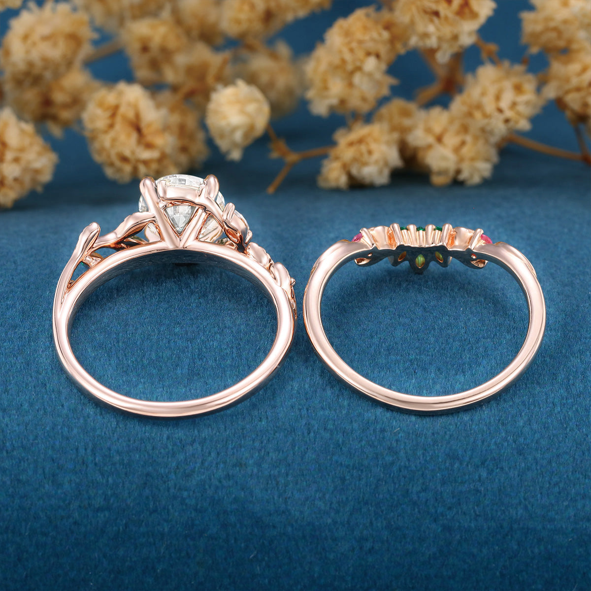 Round cut Moissanite + Pink Sapphire | Lab Emerald Curved Wedding bridal set