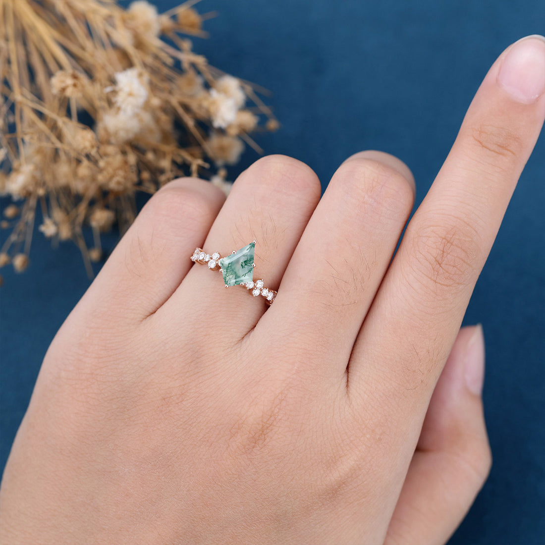 Kite Cut Natural Green Moss Agate Cluster Engagement Ring