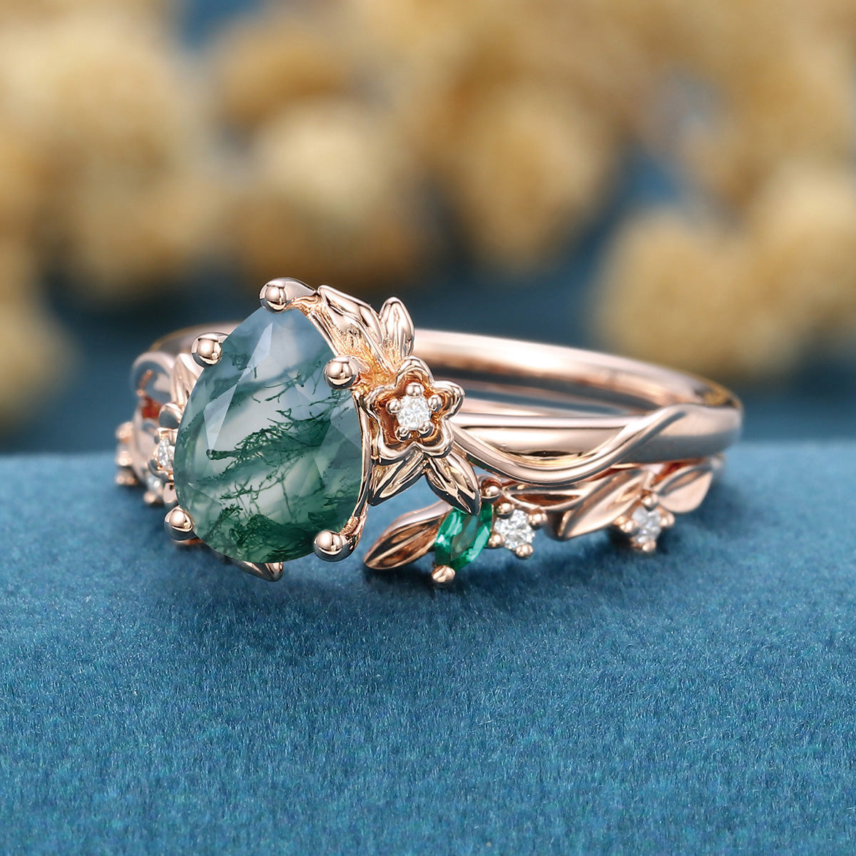 1.2Carat Pear Cut Moss Agate Cluster Engagement ring Bridal Set (Copy)