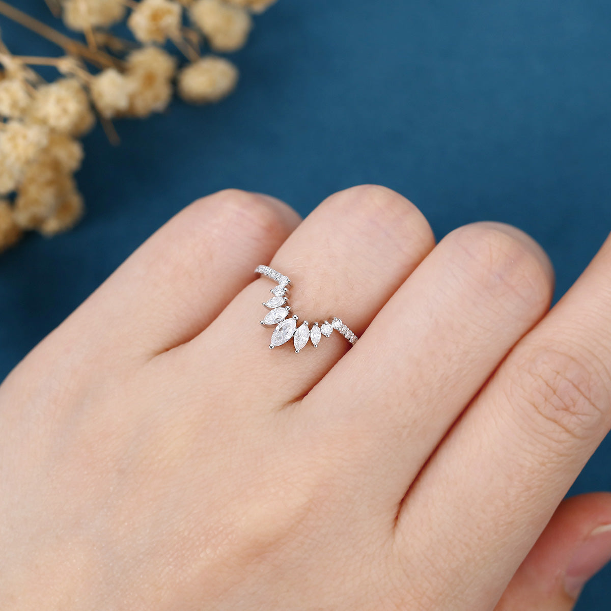 Marquise cut Moissanite  Half Eternity Diamonds Curved Wedding Band