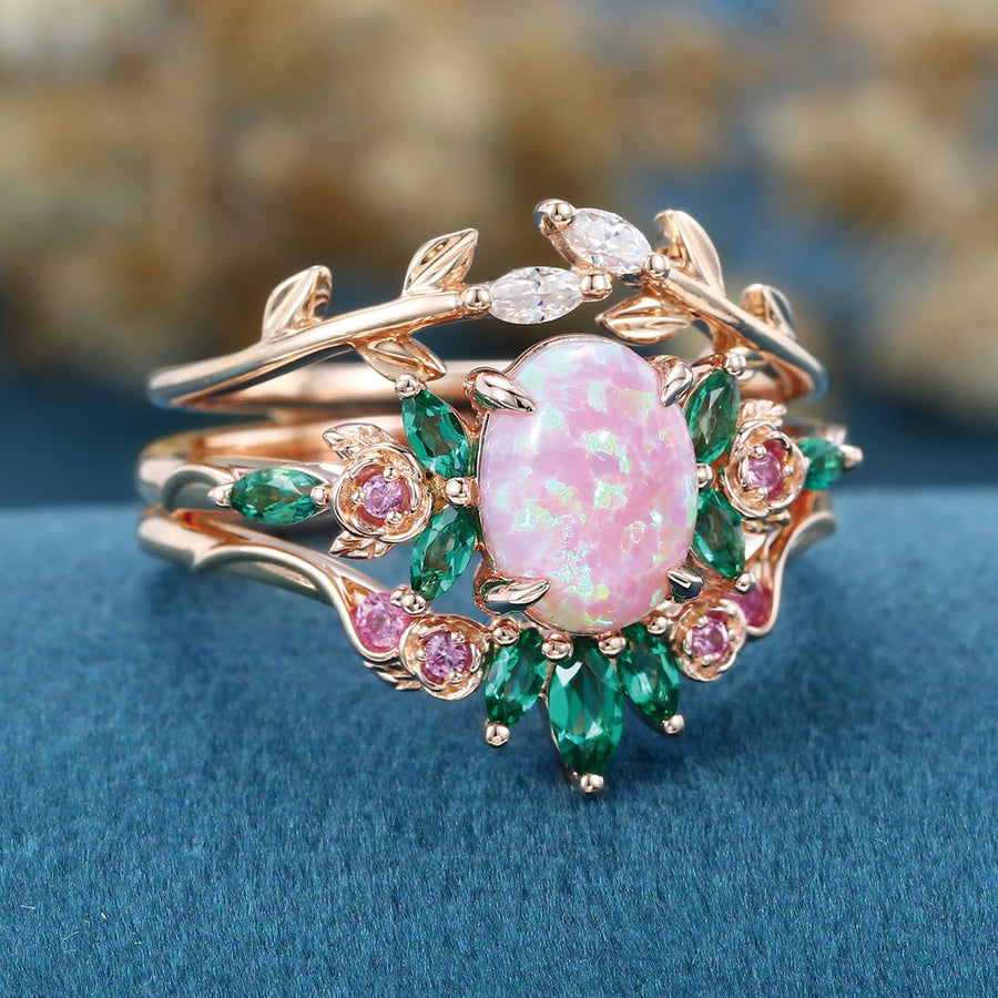 Oval cut Lab Pink Opal Rose Gold Matching Moissanite | Lab Grown Emerald |  Natural Pink Sapphires  Rose Gold Wedding Bridal Set