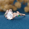 Nature Inspired Pear cut Moissanite + Lab Emerald Engagement Ring