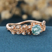 Nature Inspired Round cut Moss Agate Leaf Gold Engagement Ring